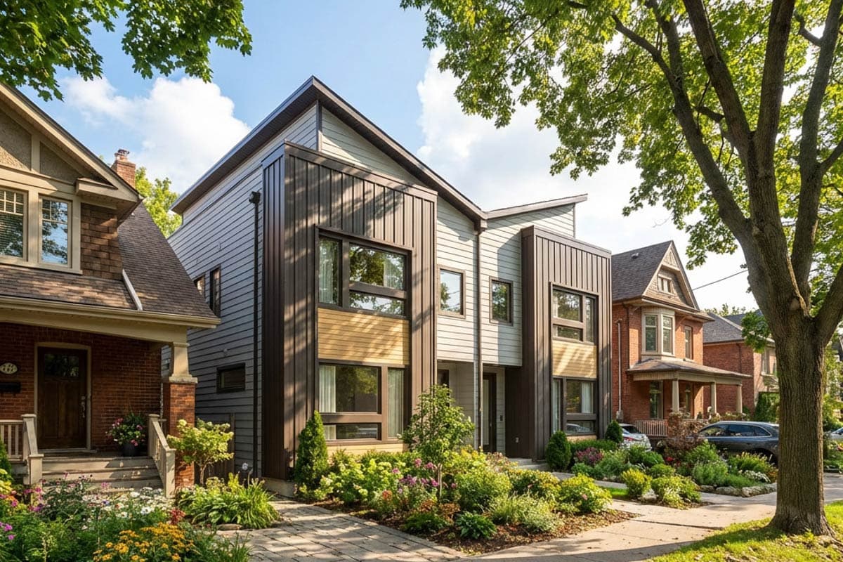 Modern house plan exterior with mixed siding, asymmetrical gables, and large windows.