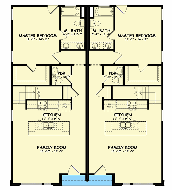 Plan 100302GHR: Modern Duplex House Plan with 1620 Square Foot 3-Bed Units - Floor Plan - Main Level - Contemporary, Modern