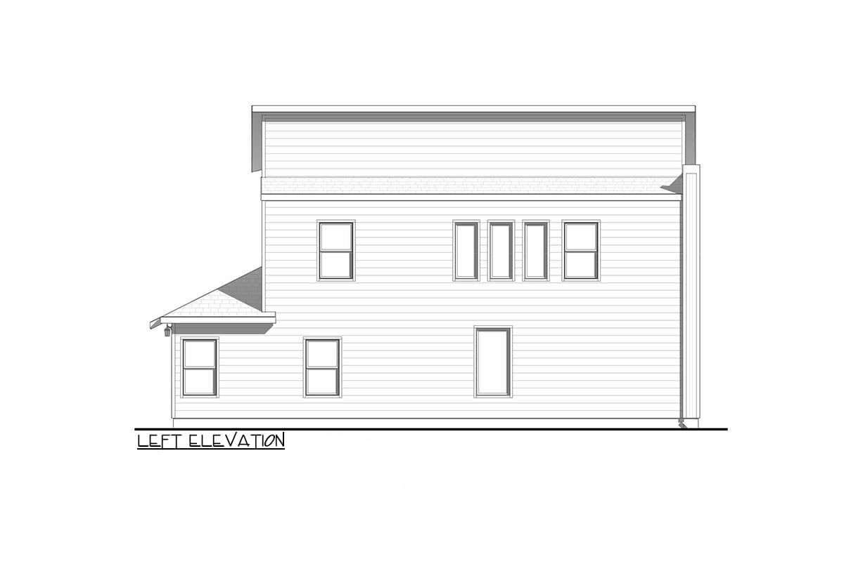 Left elevation house plan with horizontal siding, a gable roof, and multiple window configurations on two stories.