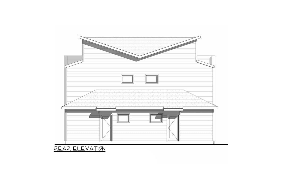 Rear elevation drawing showing a two-story house plan with a complex roofline, two ground-level doors, and upper-level windows.