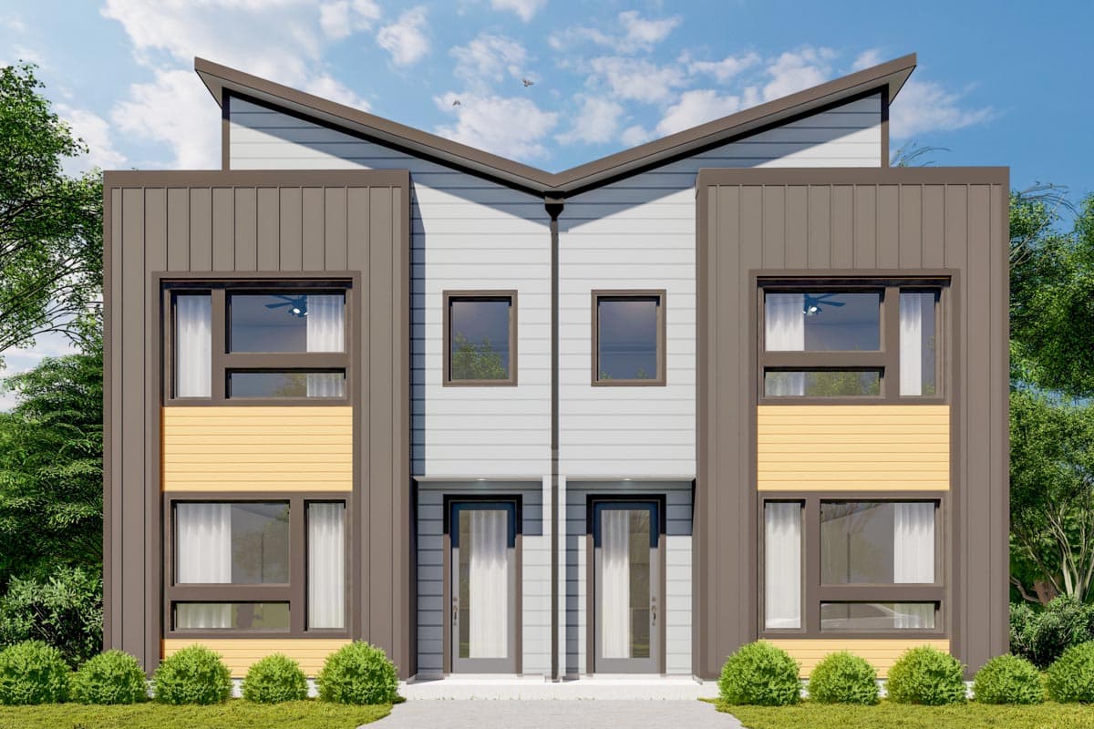 House plan exterior featuring a modern design, two stories, flat roofline, and board-and-batten siding with contrasting window trim.