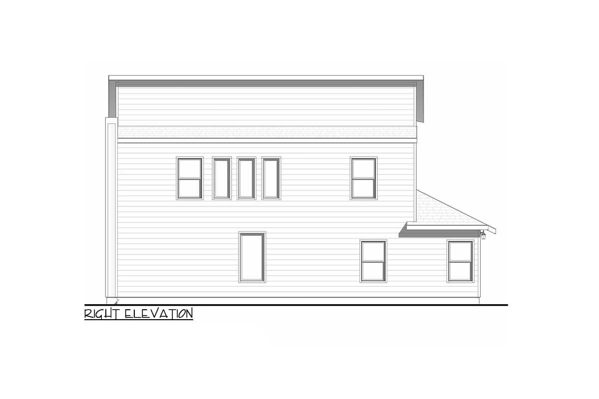 Right elevation house plan showing a two-story structure with horizontal siding and multiple windows.