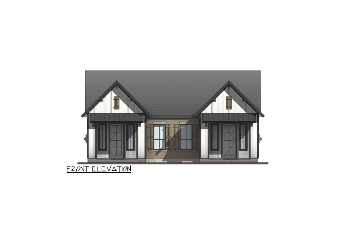 Front elevation drawing of a single-story house with two gabled sections, each featuring a covered entryway and board and batten siding.