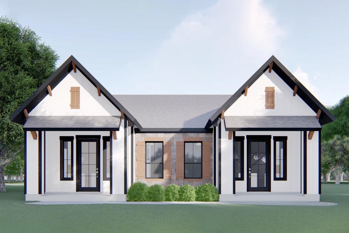 House plan exterior featuring symmetrical gables with exposed rafter tails, covered entry porches, and stone accents.