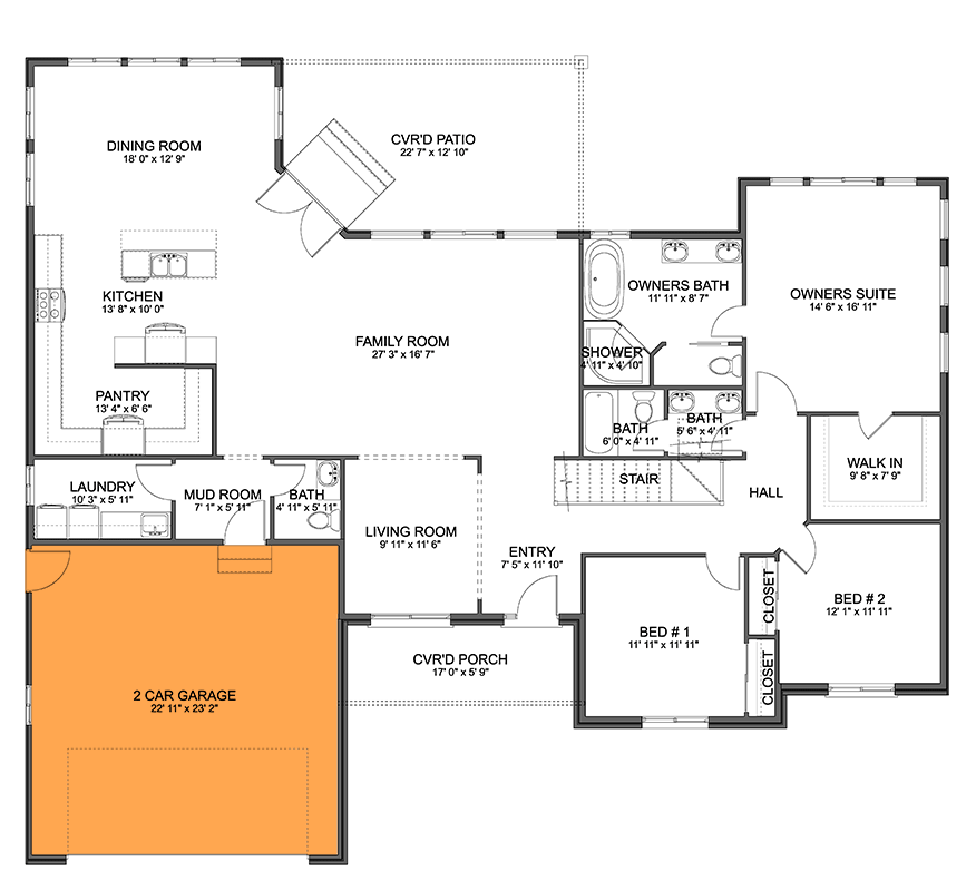 Plan 61429UT: New American Ranch Home Plan with Option to Finish Basement - 2404 Sq Ft - Floor Plan - 2-Car Front Garage Option (+$300) - Country, Craftsman, New American, Ranch