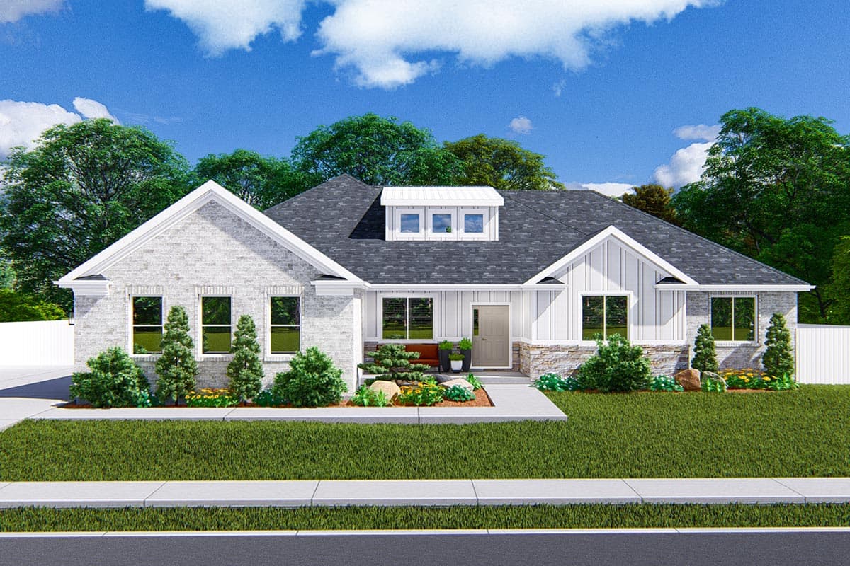 House plan exterior. Single-story home with board and batten gables, a dormer, and a covered porch. Brick and vertical siding facade.