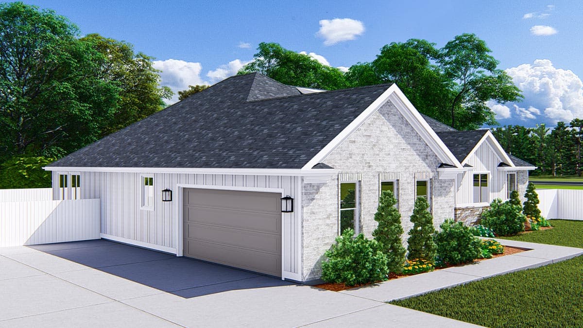 House plan exterior: One-story Modern Farmhouse with a gable roof, side-entry garage, and white brick facade.