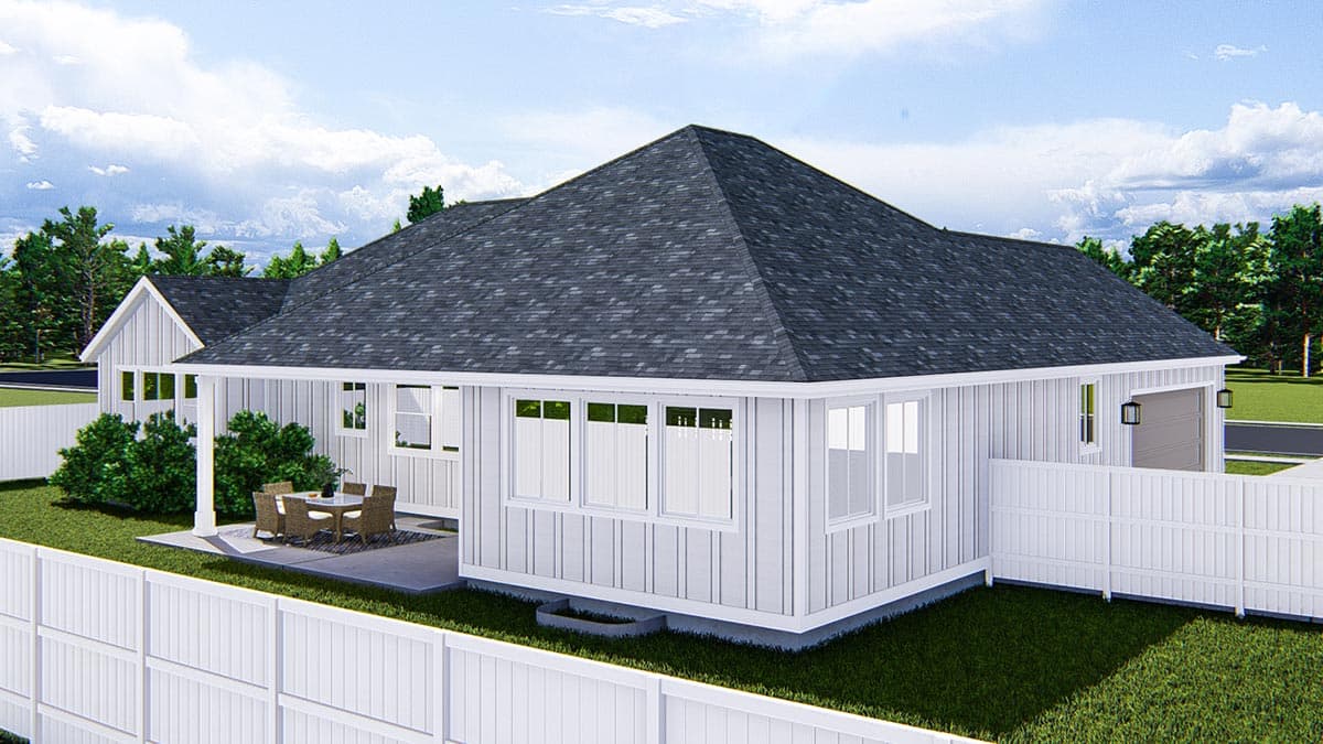 House plan exterior of a one-story modern farmhouse with a prominent gable, porch, and attached garage.