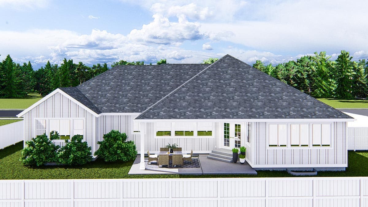 House plan exterior: Modern Farmhouse style, one story, with a covered patio, gabled roof, and vertical siding.