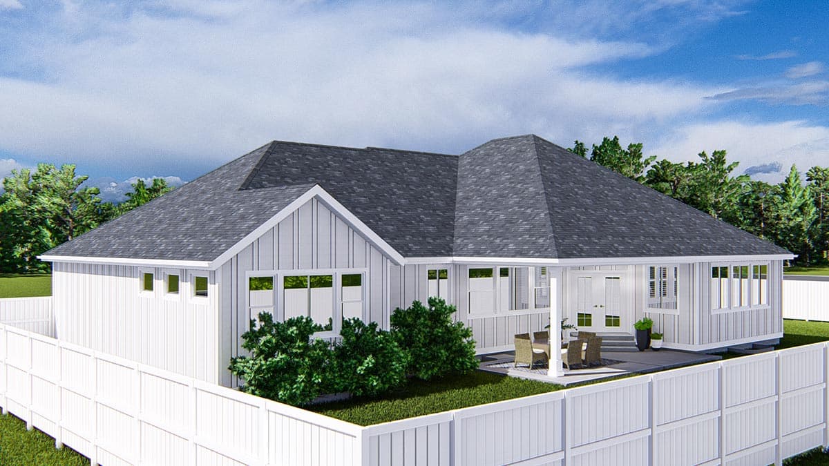Modern Farmhouse style house plan exterior, one story, white board and batten siding, gabled roof, covered porch, and numerous windows.