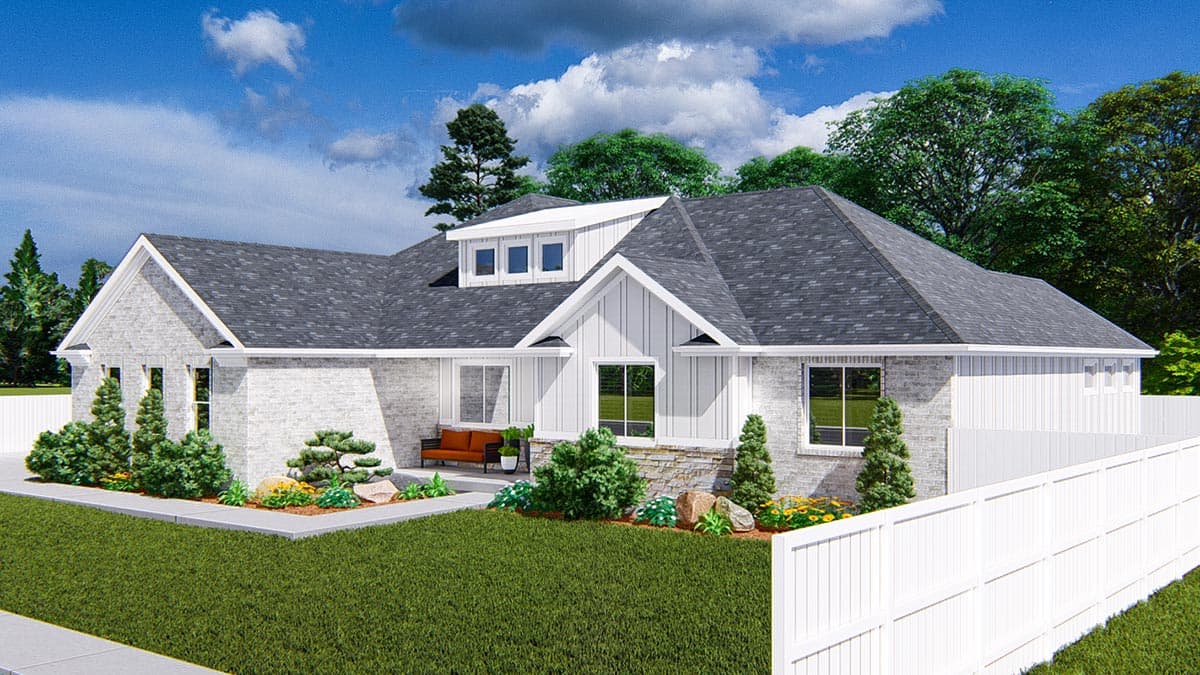 House plan exterior: Single-story home with white brick, a front gable, dormer windows, and a covered entry.