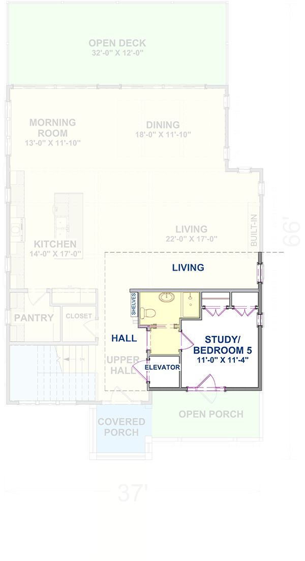 Plan 765048TWN: 4-Bed Coastal Contemporary with Elevator Under 3100 Square Feet - Floor Plan - Second Level - Hall Bath Variation (Included) - Beach, Coastal, Coastal Contemporary, Contemporary, Low Country, Southern