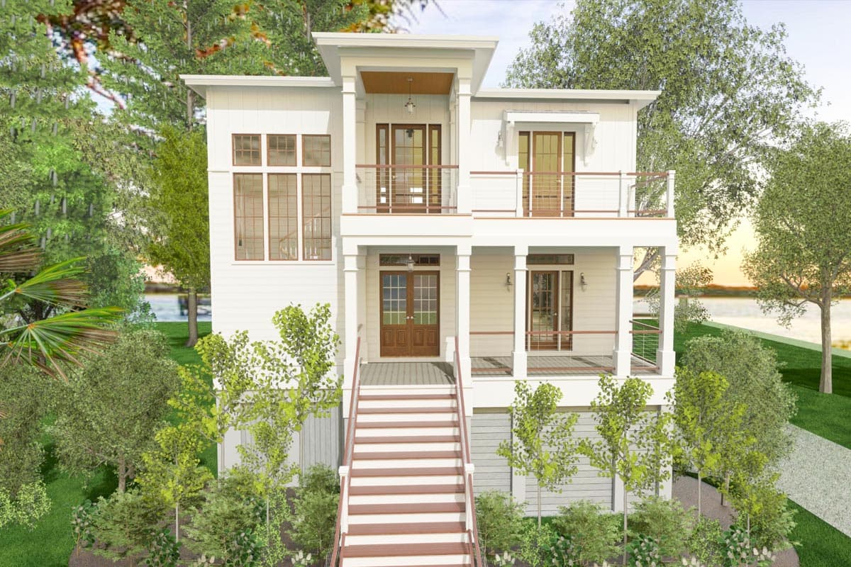 Two-story house plan exterior with a porch, balconies, and a multi-pane window. Features include a symmetrical facade and a covered entry.