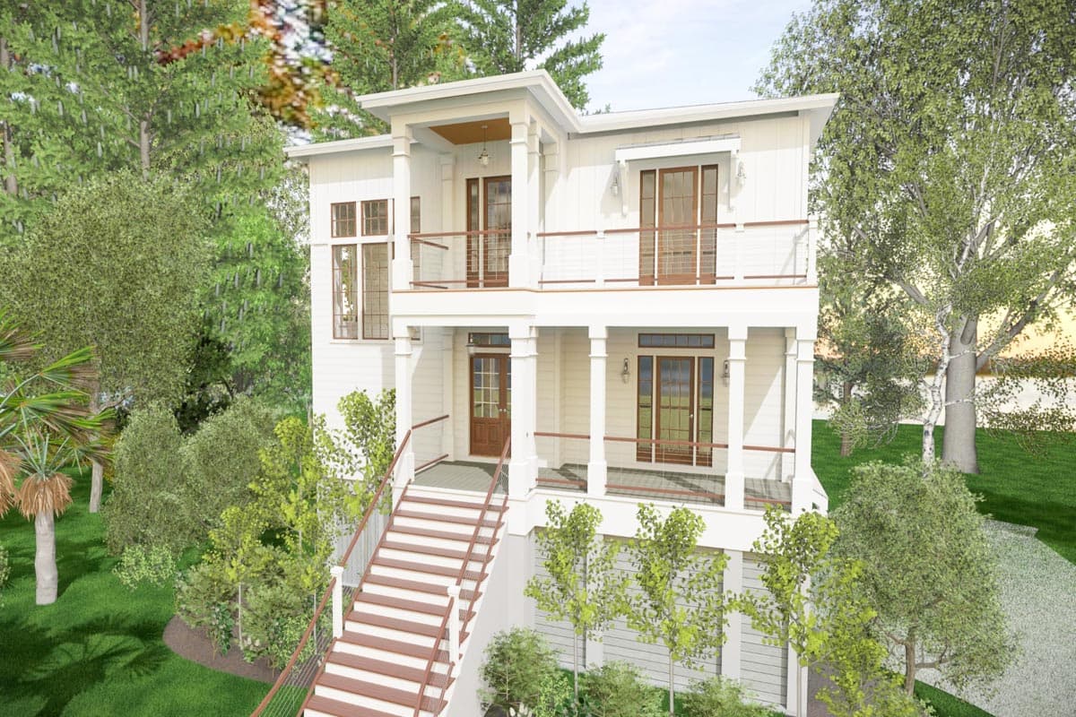 Modern house plan exterior with two stories, double balconies, prominent columns, and a raised entrance with stairs.