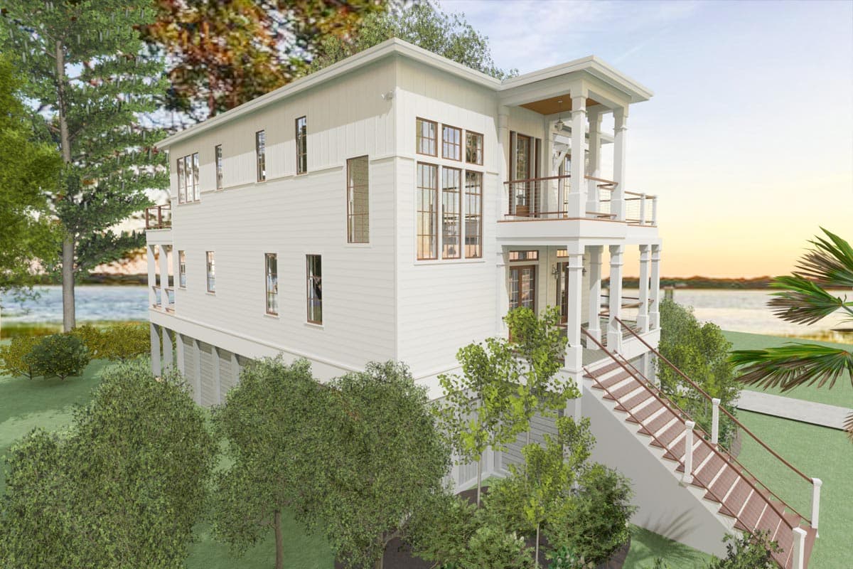 House plan exterior: Three-story Modern Farmhouse with covered second-story balcony, columns, and wide exterior staircase.