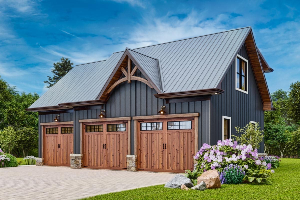 House plan exterior with three wooden garage doors, metal roof, and decorative gable.