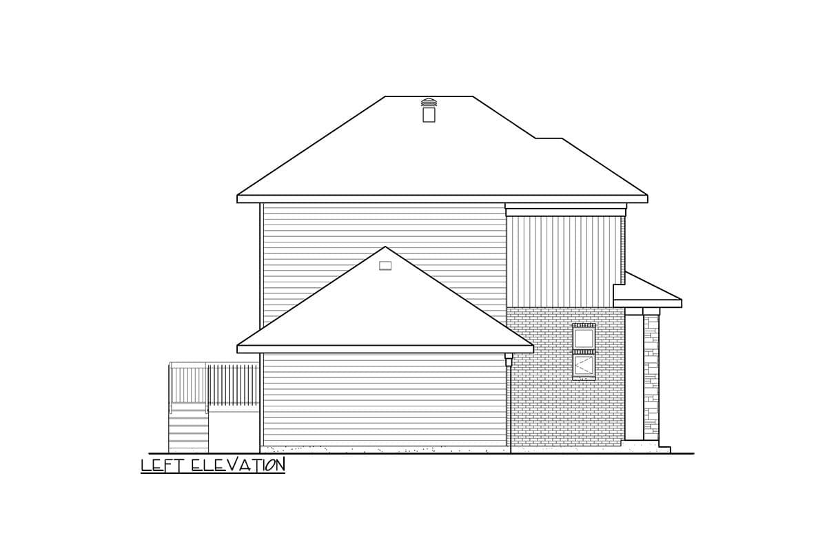 Left elevation house plan showing two stories, gabled roof, horizontal siding, brick wainscoting, and a porch.