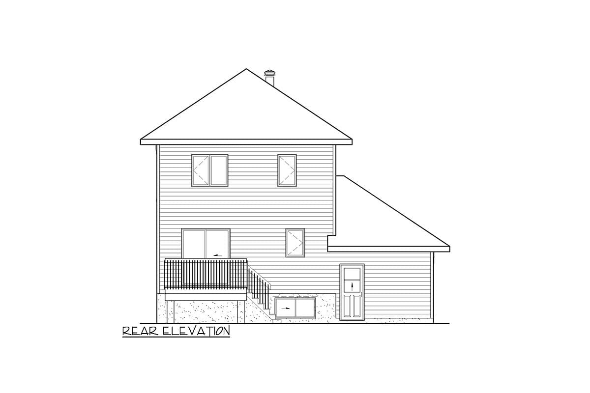 Rear elevation drawing of a two-story house with a pitched roof, siding, deck, and exterior door.