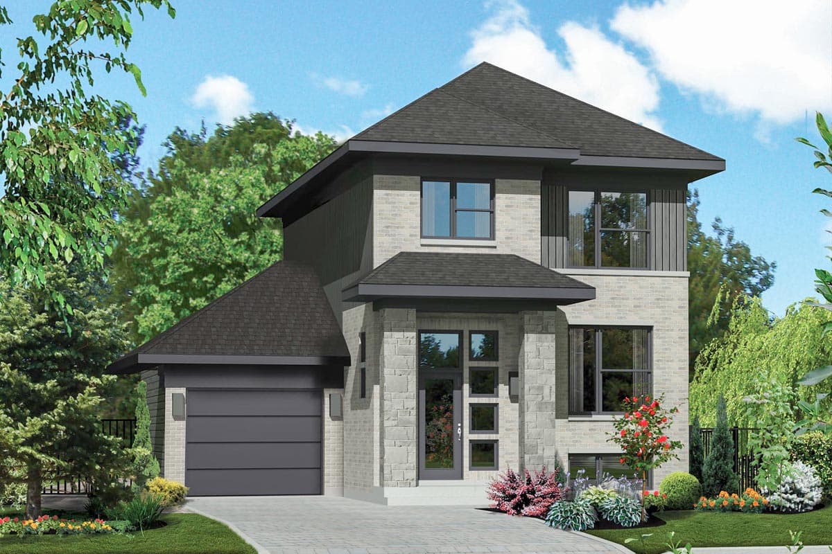 House plan exterior. Two-story home with a gabled roof, stone veneer, and attached garage. Includes a covered front entry and multiple windows.