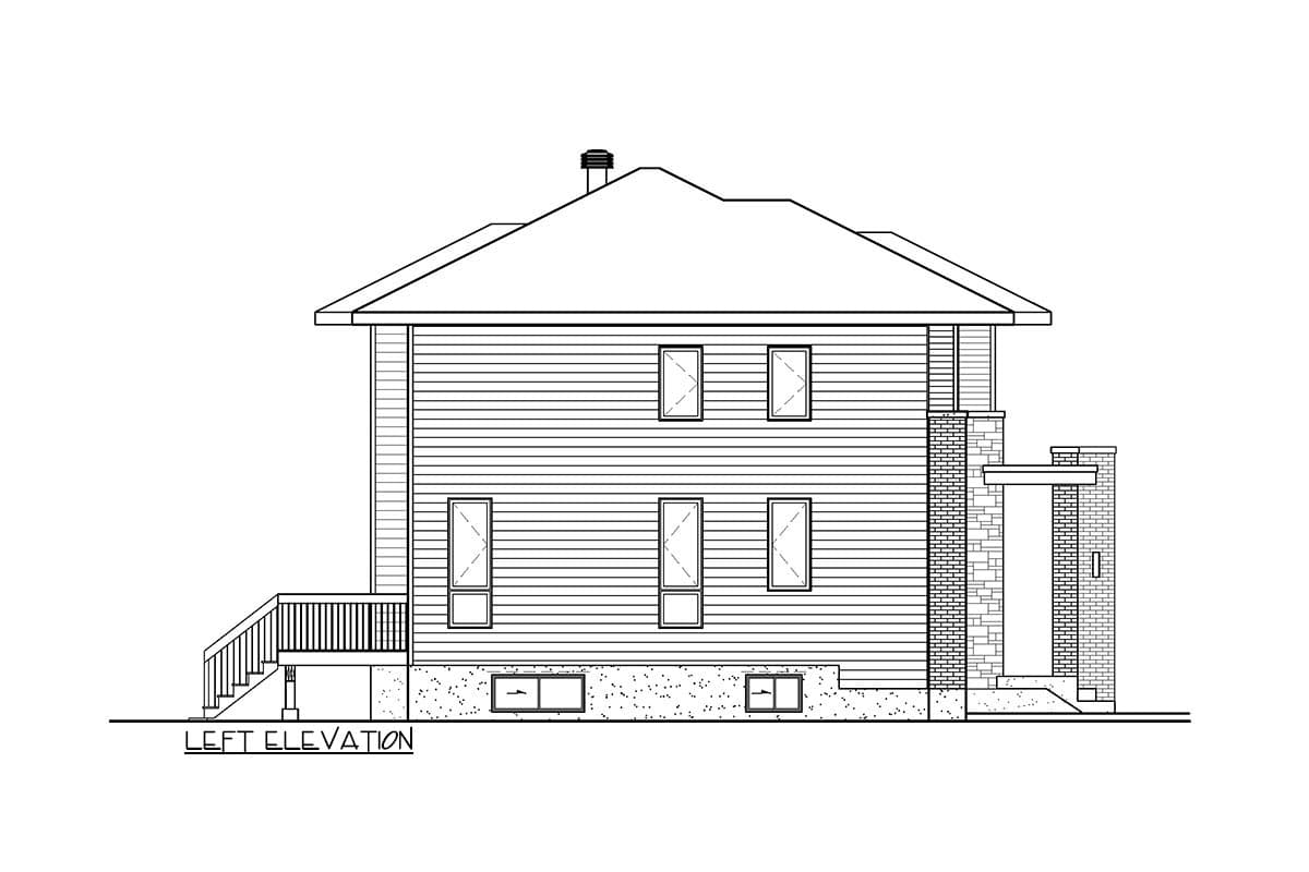 Left elevation drawing of a two-story house plan featuring horizontal siding, gabled roof, and brick accents.