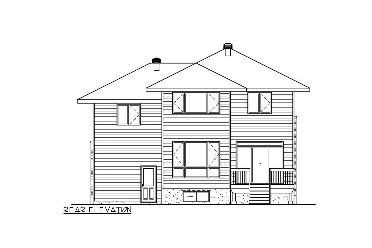 Rear elevation drawing of a two-story house plan featuring horizontal siding, multiple windows, a back door, and a deck.