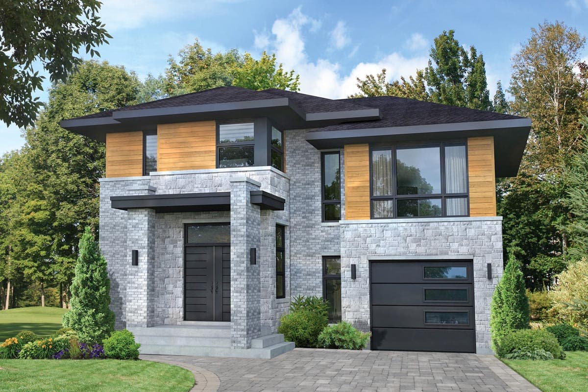 Modern house plan exterior with two stories, flat roof, wood siding accents, and a front-facing garage.