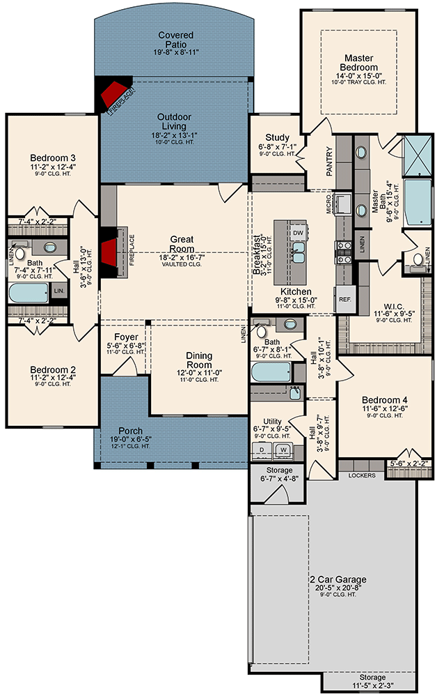 Plan 510241WDY: One-level French Country House Plan with Two Fireplaces - Floor Plan - Main Level - Acadian, French Country, Southern, Traditional