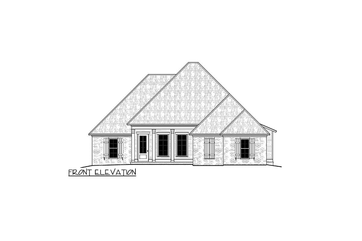 Front elevation drawing of a one-story house with multiple gables, a covered entry, and shuttered windows.