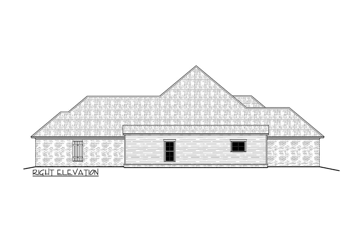 Right elevation drawing of a house plan with brick and horizontal siding, and a complex roofline.