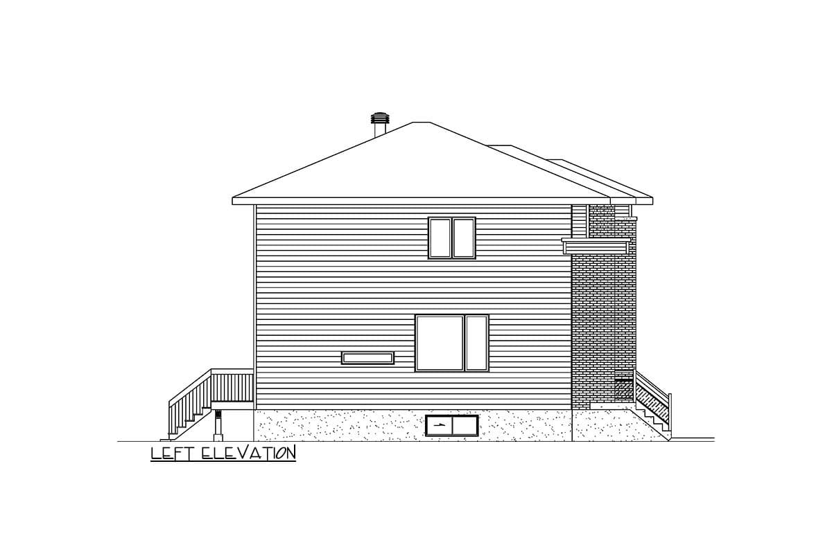 Left elevation house plan showing two stories, horizontal siding, brick chimney, and side stairs.