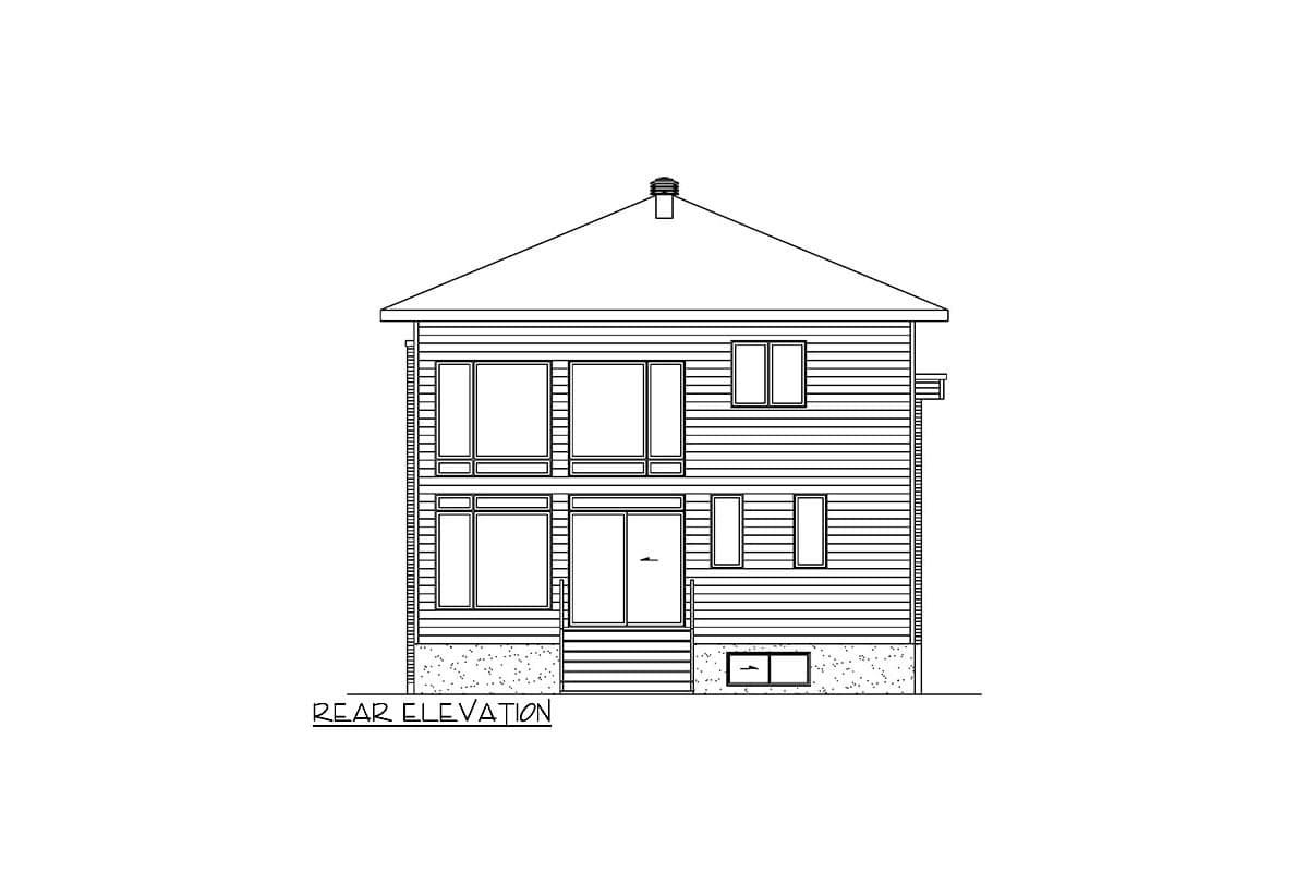 Rear elevation drawing of a two-story house plan with horizontal siding, multiple window configurations, and a sloped roof.