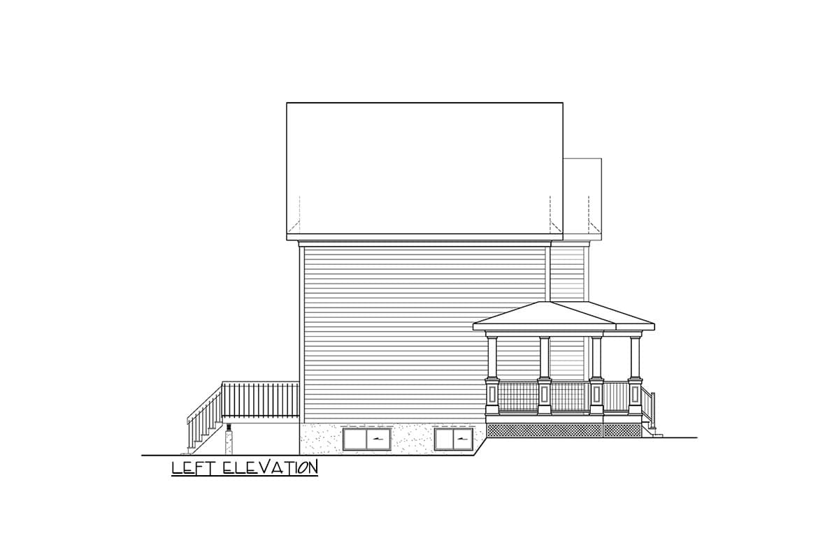 Left elevation drawing of a house plan showing siding, a covered porch with columns, and a deck with railings.