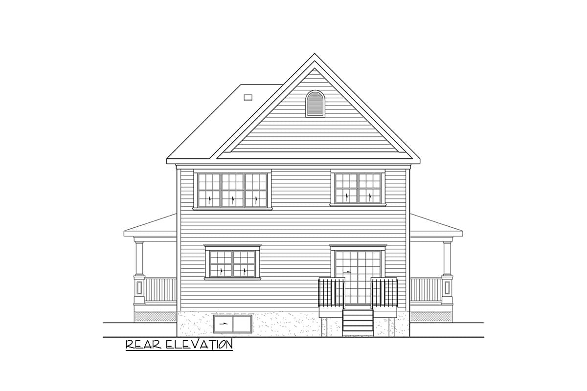 Rear elevation house plan showing two stories, clapboard siding, multiple windows, a covered porch, and a prominent gabled roof with a dormer.