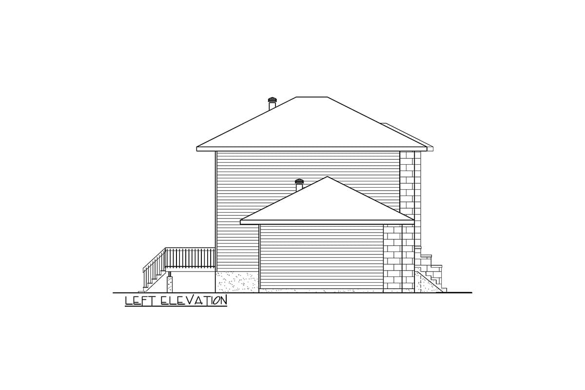 Left elevation of a two-story house plan with horizontal siding, gabled roof, dormer, and attached garage.