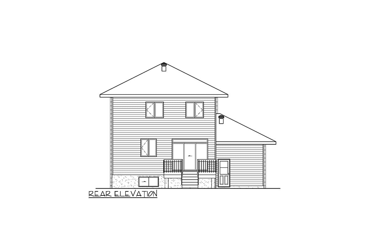 Rear elevation drawing of a two-story house with horizontal siding, a central sliding door, and two distinct rooflines.