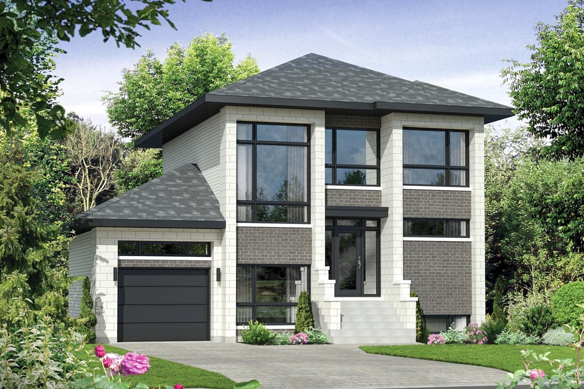 House plan exterior featuring a two-story modern design with dark trim, brick accents, and a front-facing garage with gable roof.