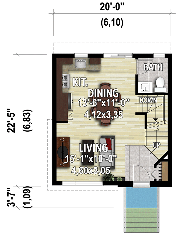 Plan 801043PM: 3 Bed Urban 2-Story House Plan with Just Under 950 Sq Ft of Living - Floor Plan - Main Level - Bungalow, Contemporary, Modern, Northwest