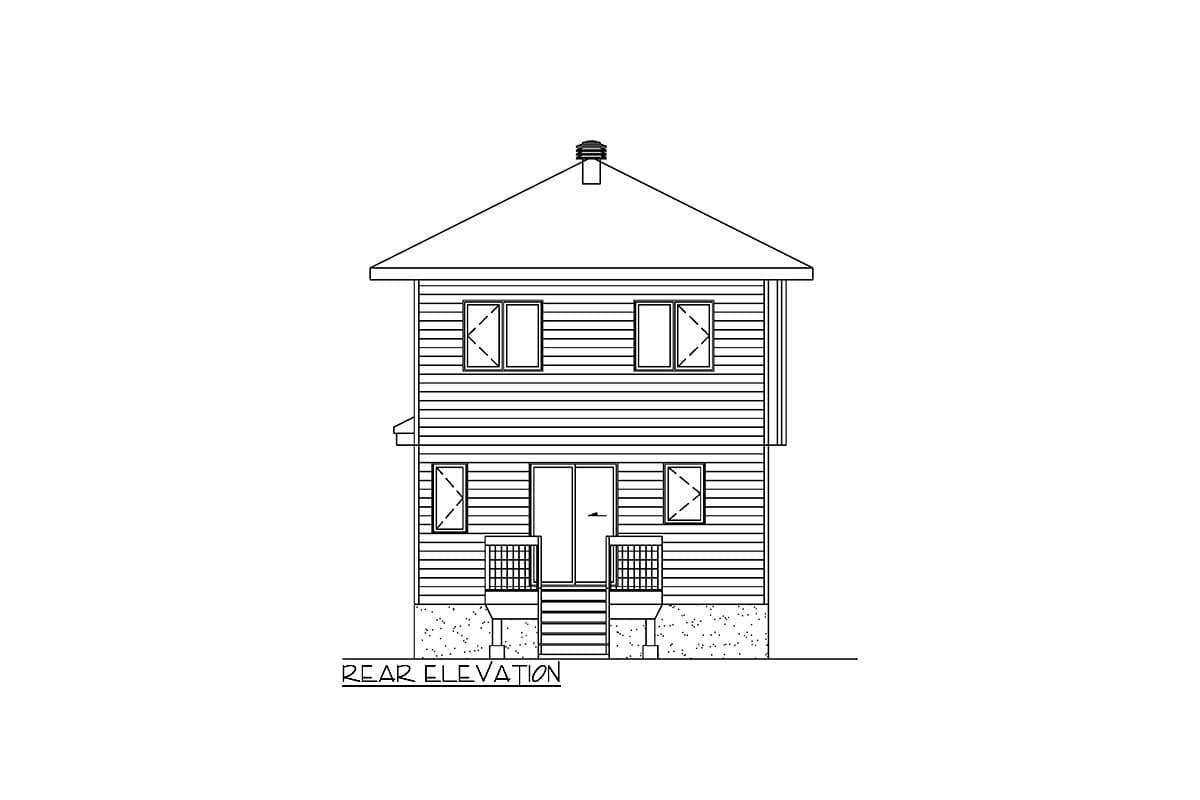 Rear elevation drawing of a two-story house plan with a gabled roof, horizontal siding, double door, and two small side porches.