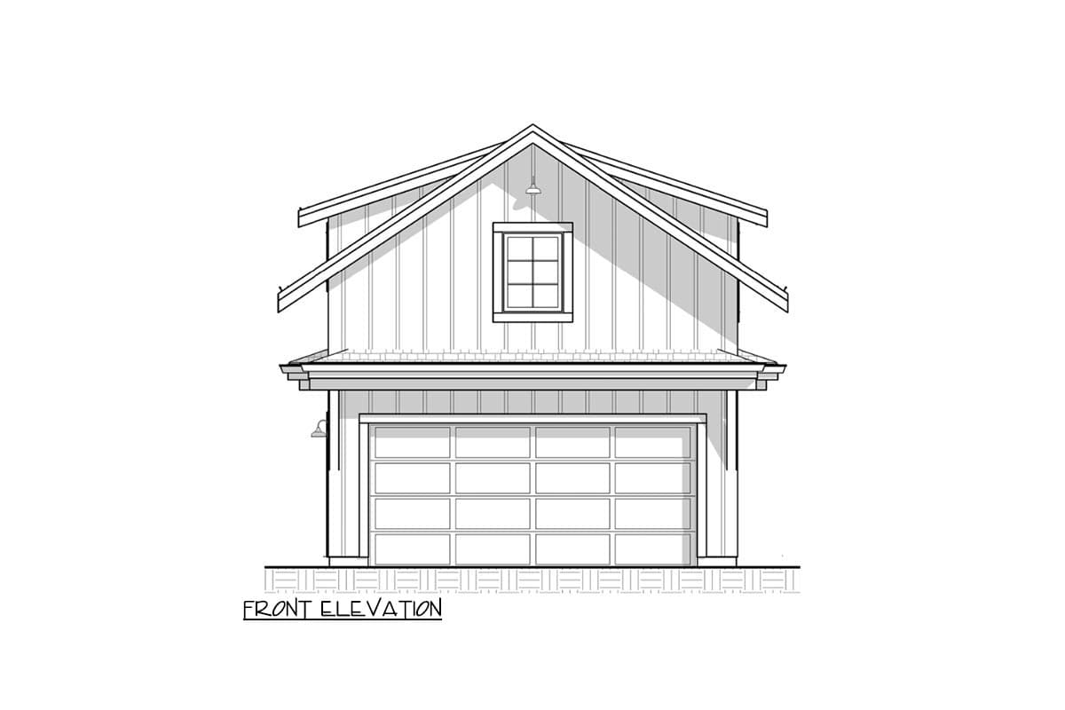 Front elevation of a house plan featuring a double garage door and a gable dormer window.