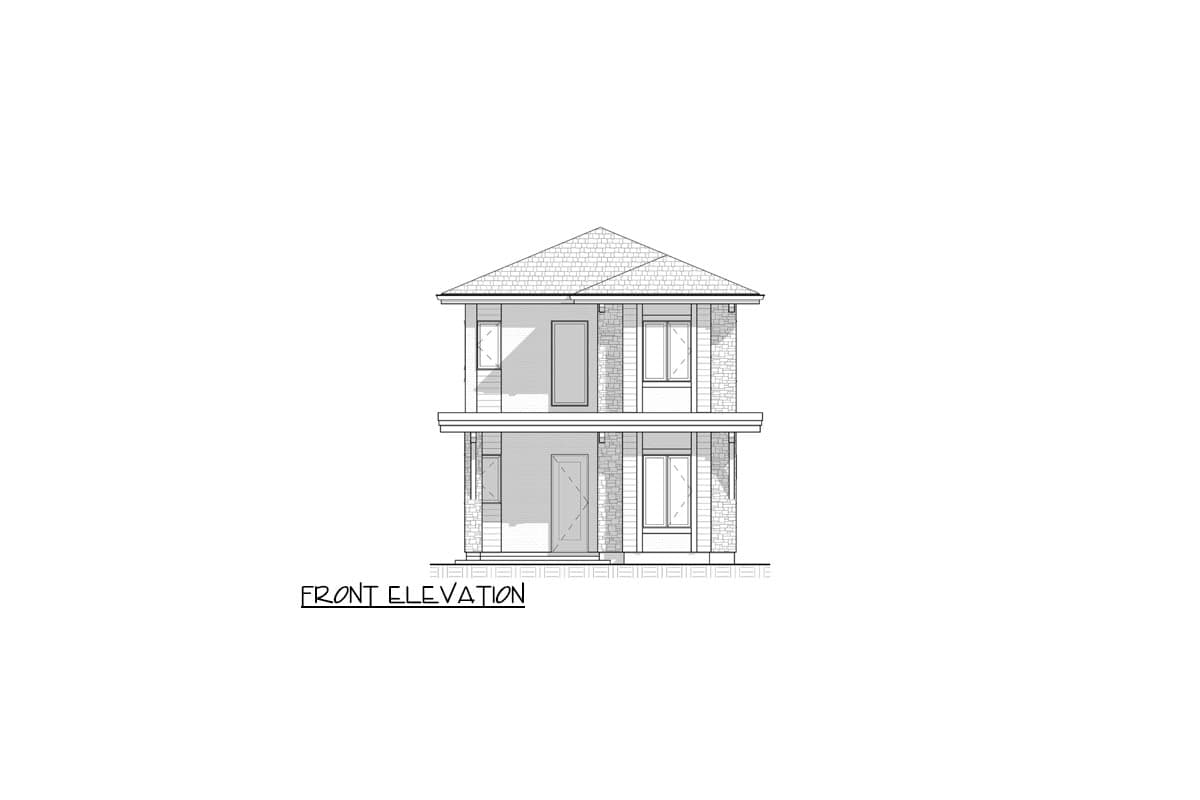 Front elevation drawing of a two-story house with a hipped roof, multiple windows, and a covered entry.
