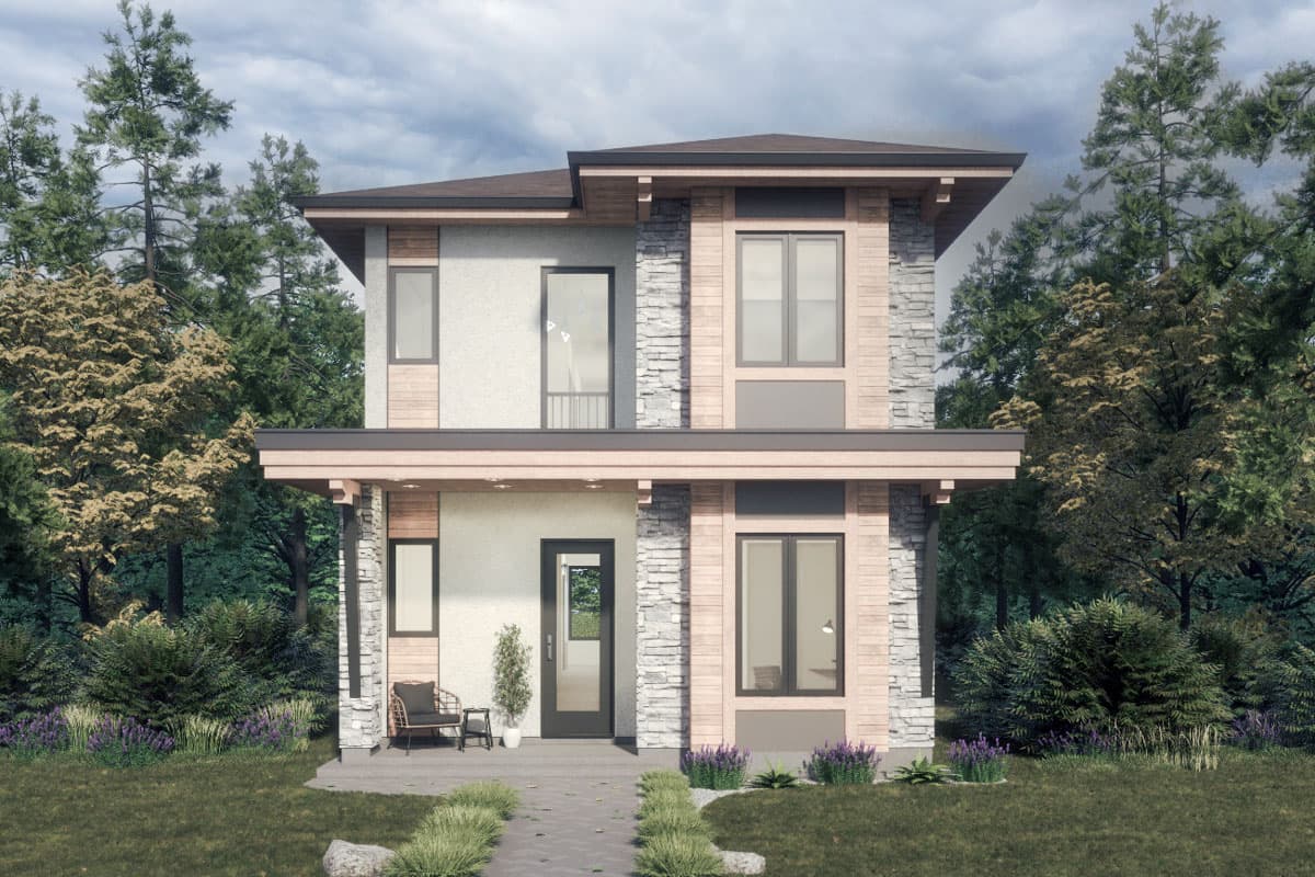 House plan exterior. Two-story Modern house with stone accents, flat roof, and covered porch. Features large windows and wood trim.