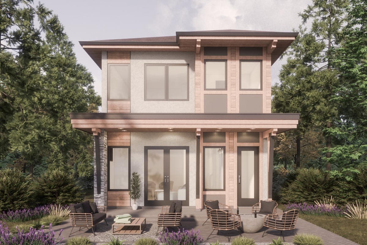 Two-story modern house plan exterior with covered patio, large windows, wood accents, and stone detailing.