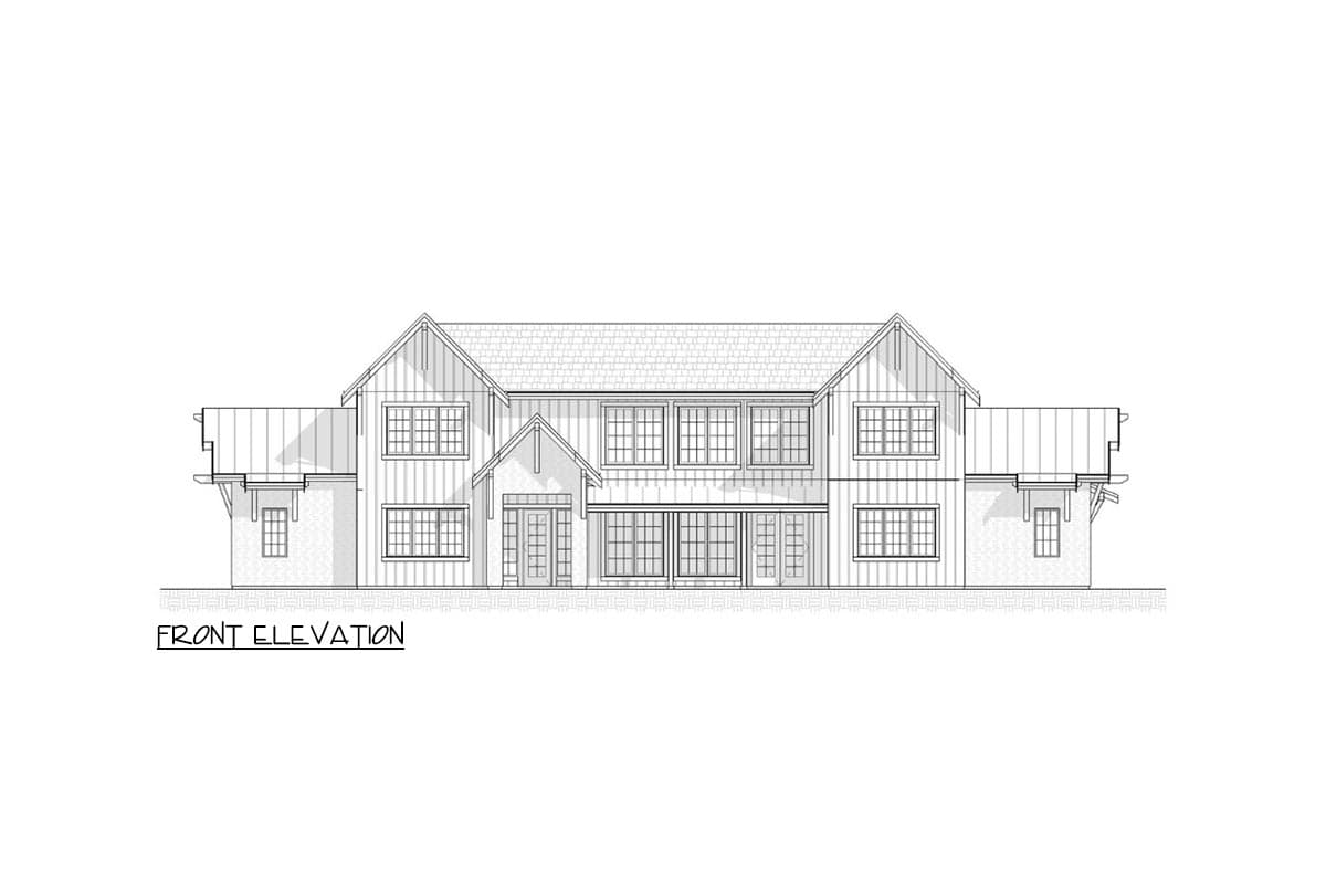 Front elevation drawing of a two-story house with prominent gables, large windows, and a covered entryway.