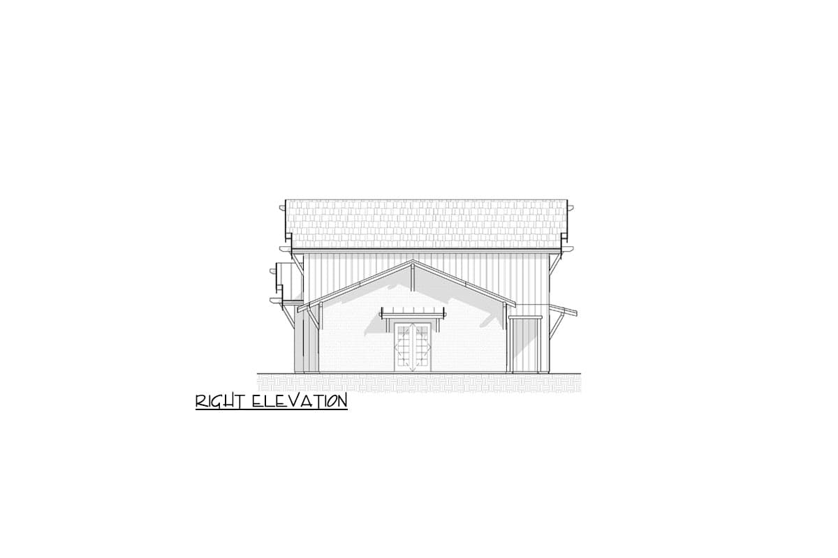 Right elevation drawing of a house plan showing a pitched roof, gabled dormer, double doors, and shed roof porch.
