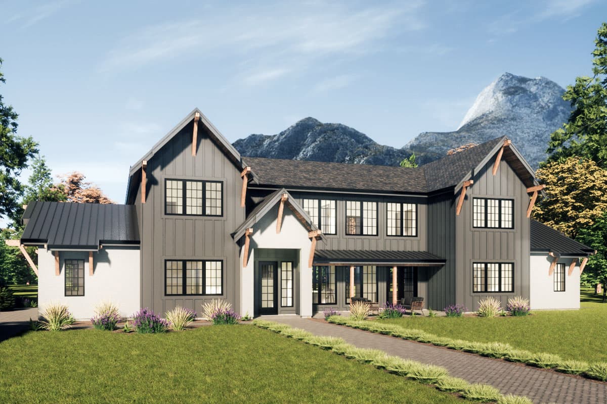 House plan exterior featuring Modern Farmhouse style with two stories, gabled rooflines, a covered porch, and board-and-batten siding.