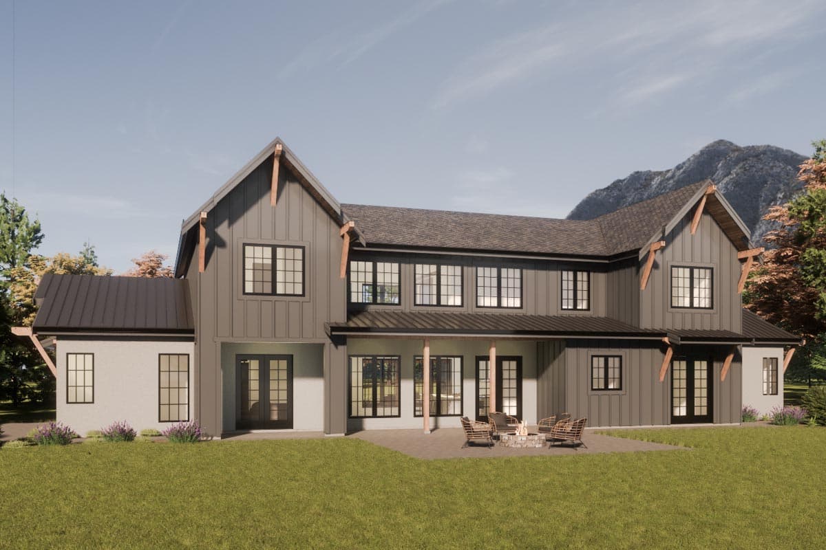 Modern Farmhouse house plan exterior, two stories, board and batten siding, metal roof, and exposed rafter tails.