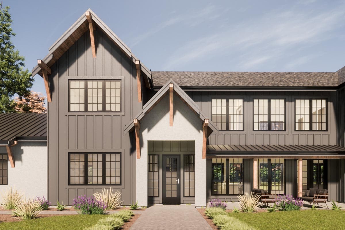 Modern Farmhouse house plan exterior with board and batten siding, gables, exposed wood beams, and covered patio.