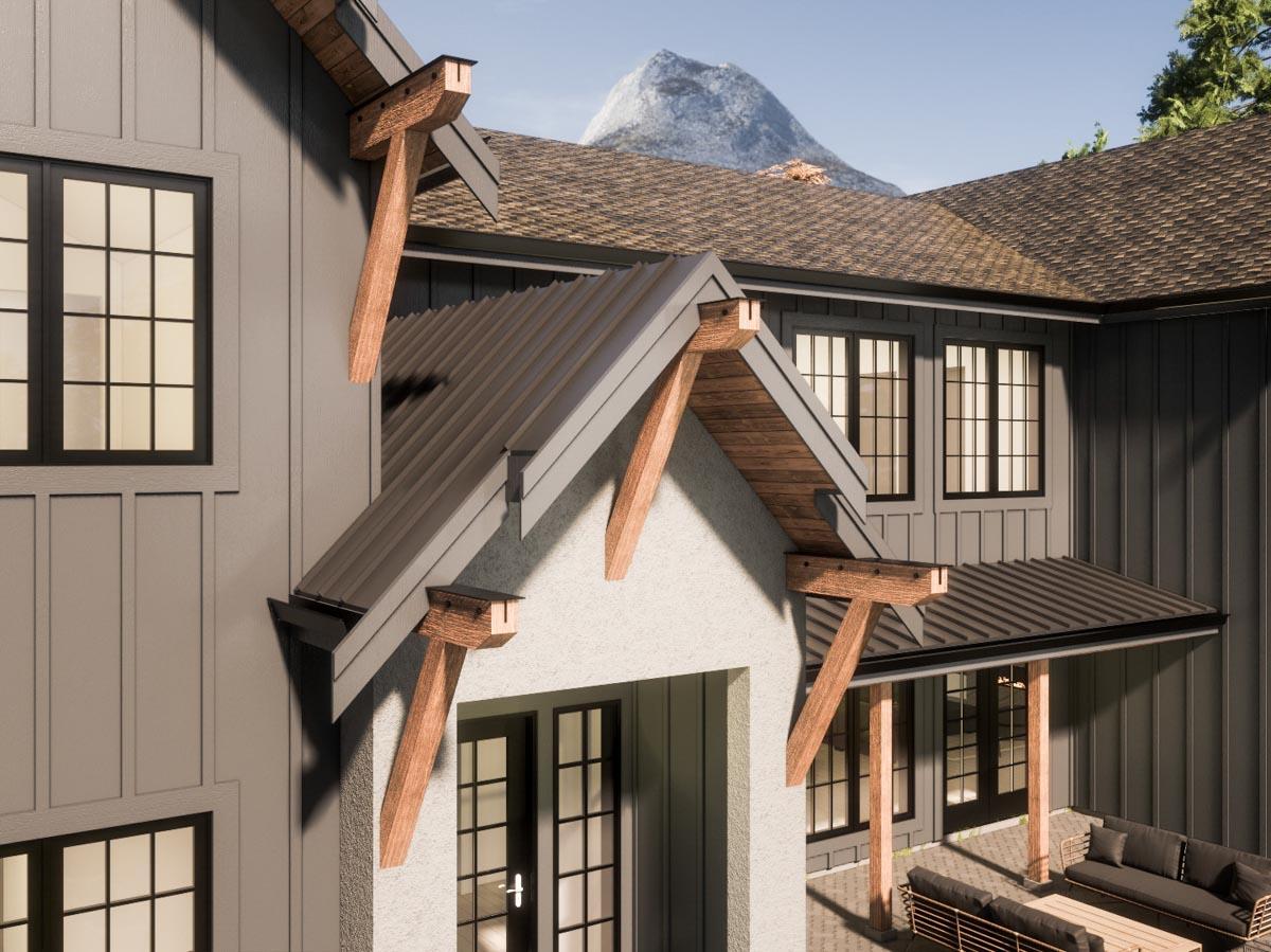 House plan exterior: Modern style with dark siding, visible wood brackets, metal rooflines, and prominent gables. Mountain backdrop.