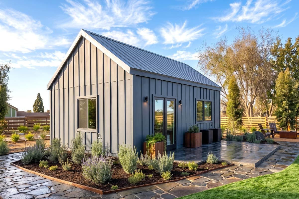 House plan exterior with board and batten siding, metal roof, and a gable roof. Includes a patio with double doors and large windows.