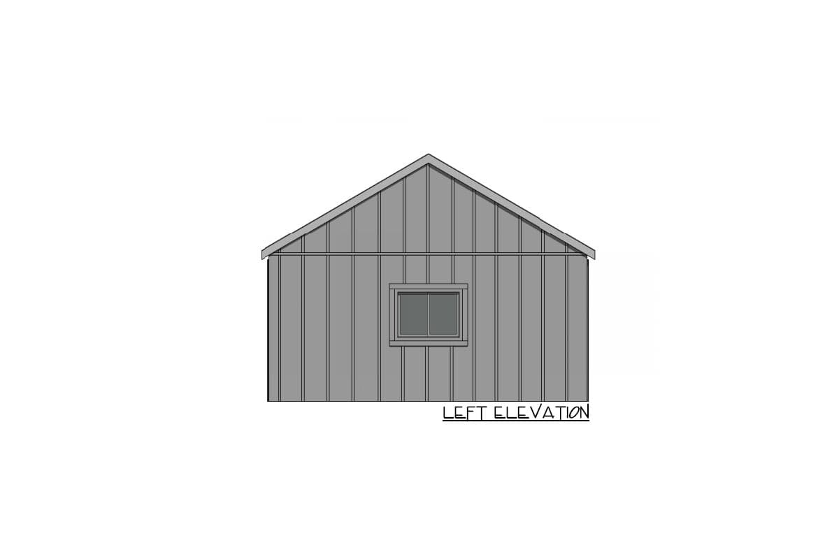 Left elevation of house plan featuring vertical siding, gabled roof, and one central window.